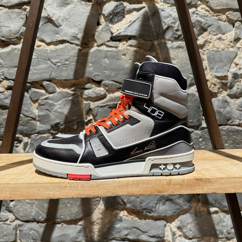 A side view of Louis Vuitton Black Grey LV Trainer 408 High-top Sneakers