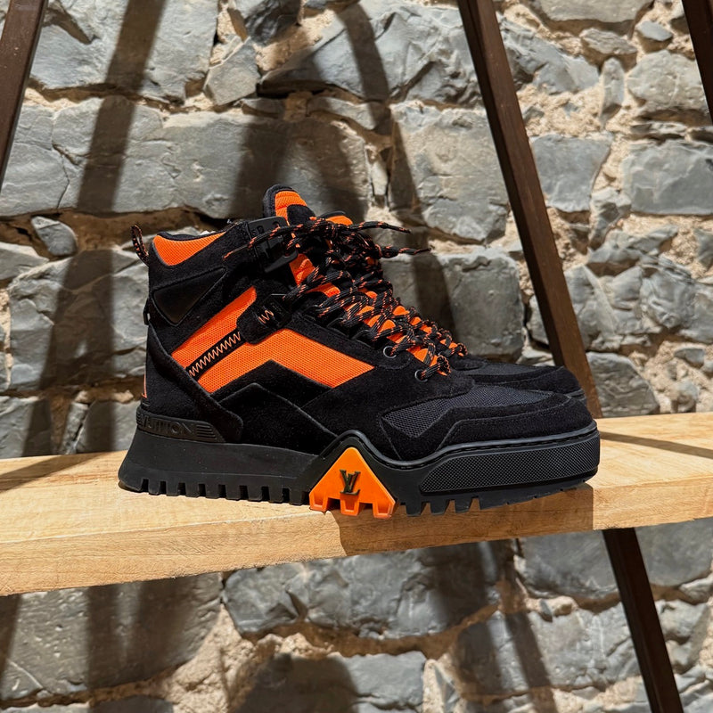 Louis Vuitton Black Neon Orange Suede Hiking Boots