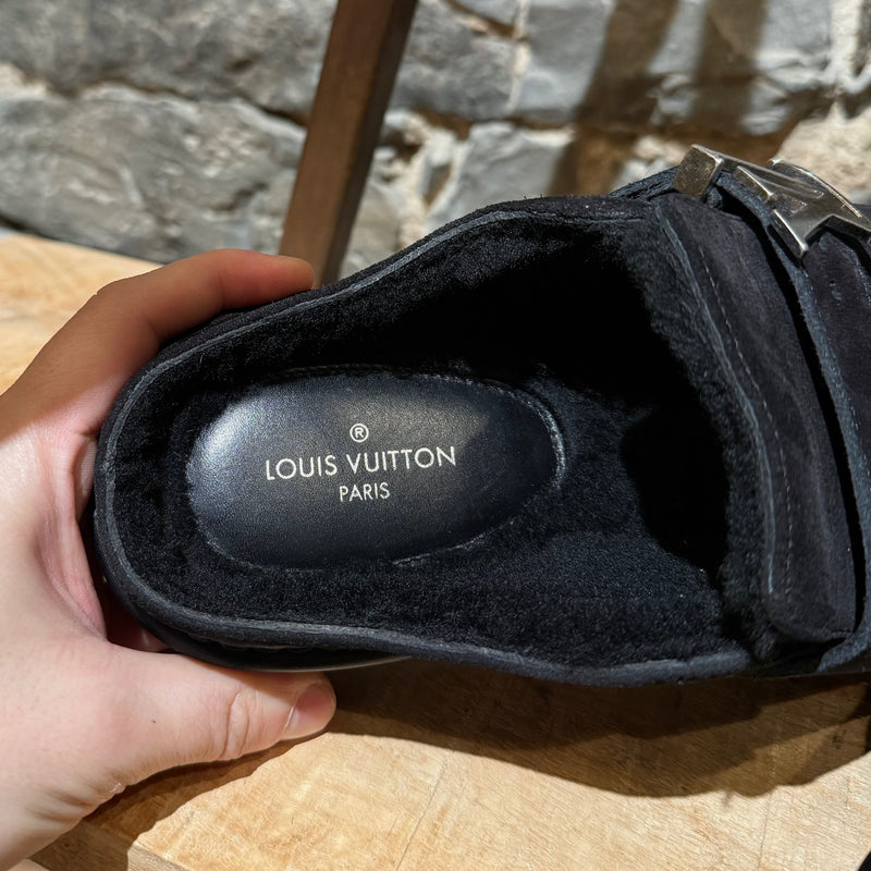 Louis Vuitton Black Suede Shearling Easy LV Mules