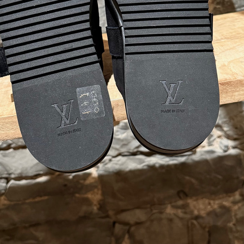 Louis Vuitton Black Suede Shearling Easy LV Mules