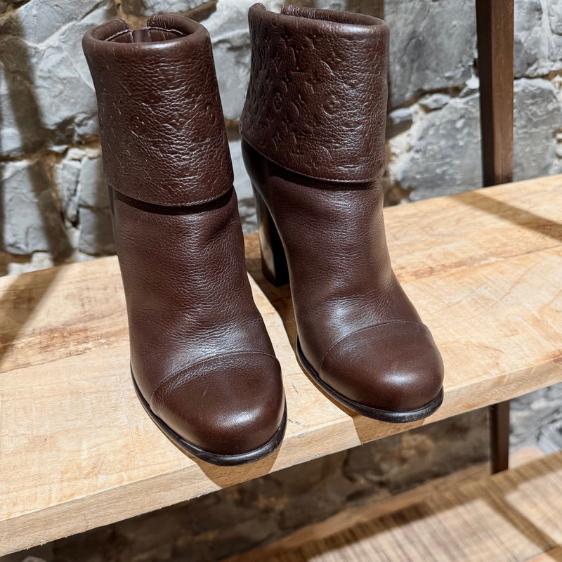 Front side of Louis Vuitton Brown Leather Monogram Carole Heeled Ankle Boots