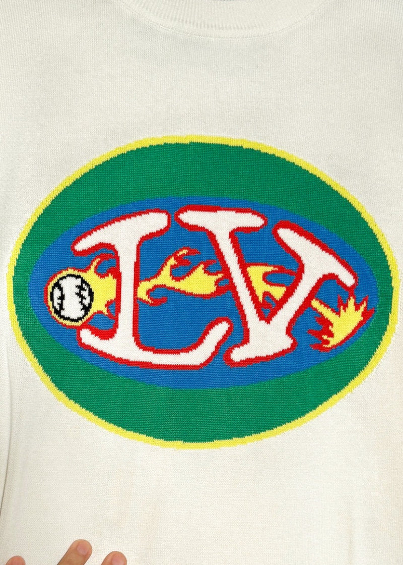 Front print view of Louis Vuitton Burning Baseball Intersia Graphic Logo Knit T-shirt