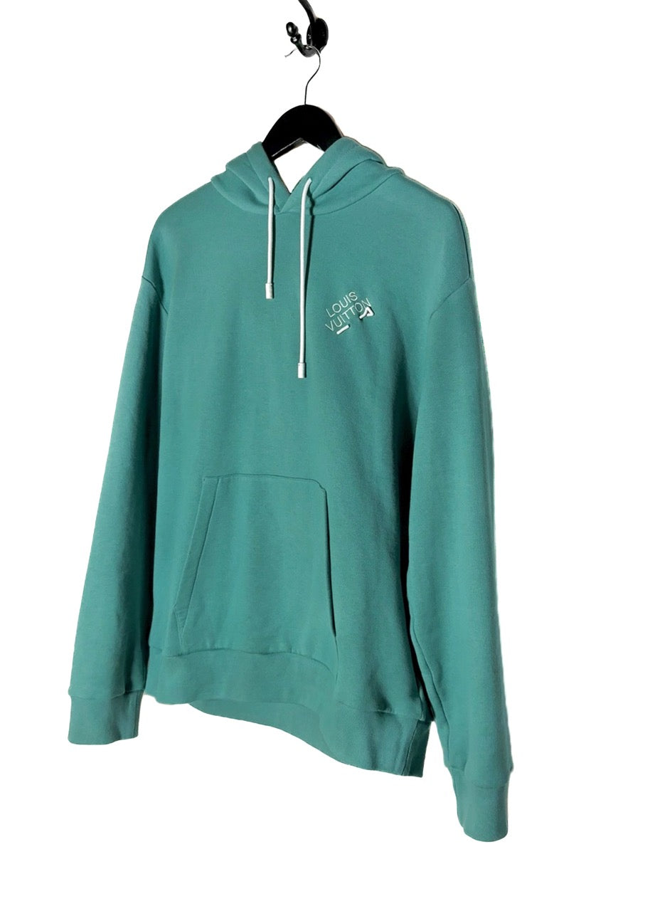 Front side angle of Louis Vuitton FW21 Teal Green Pin Logo Embroidered Hoodie