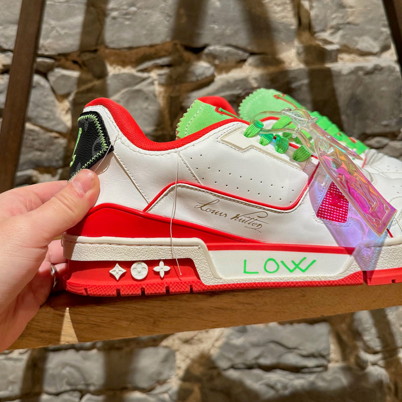 A side view close-up of Louis Vuitton FW21 White Soho Exclusive Upcycled Trainer Sneakers