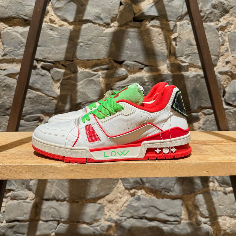 A side view of Louis Vuitton FW21 White Soho Exclusive Upcycled Trainer Sneakers