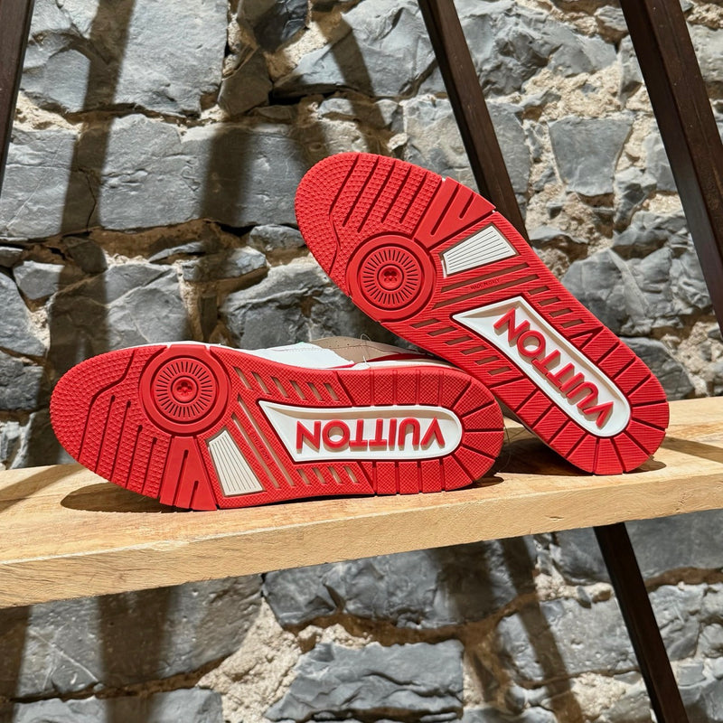 Branded outsoles of Louis Vuitton FW21 White Soho Exclusive Upcycled Trainer Sneakers