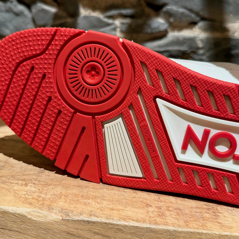 Outsole close-up of Louis Vuitton FW21 White Soho Exclusive Upcycled Trainer Sneakers