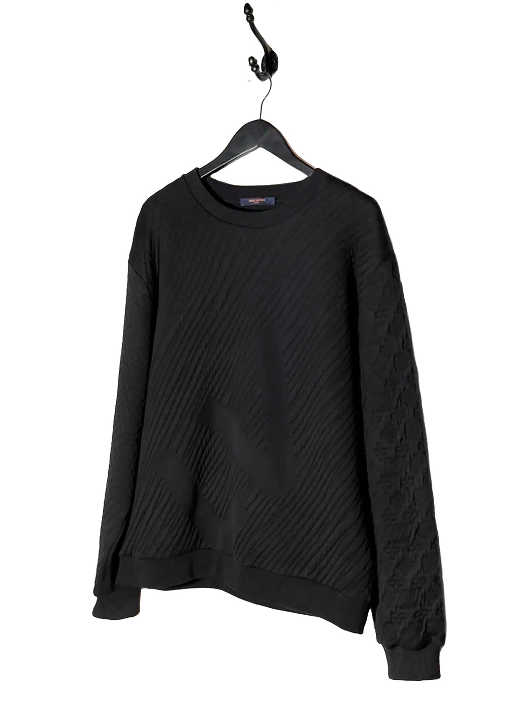 Front side of Louis Vuitton FW22 Black Quilted Logo Stripe Pattern Sweatshirt