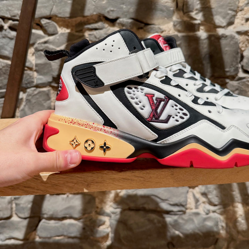 A side view of Louis Vuitton FW22 White Red Trainer 2 Basketball Sneakers