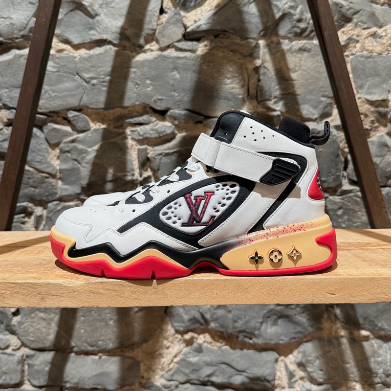 A side view of Louis Vuitton FW22 White Red Trainer 2 Basketball Sneakers