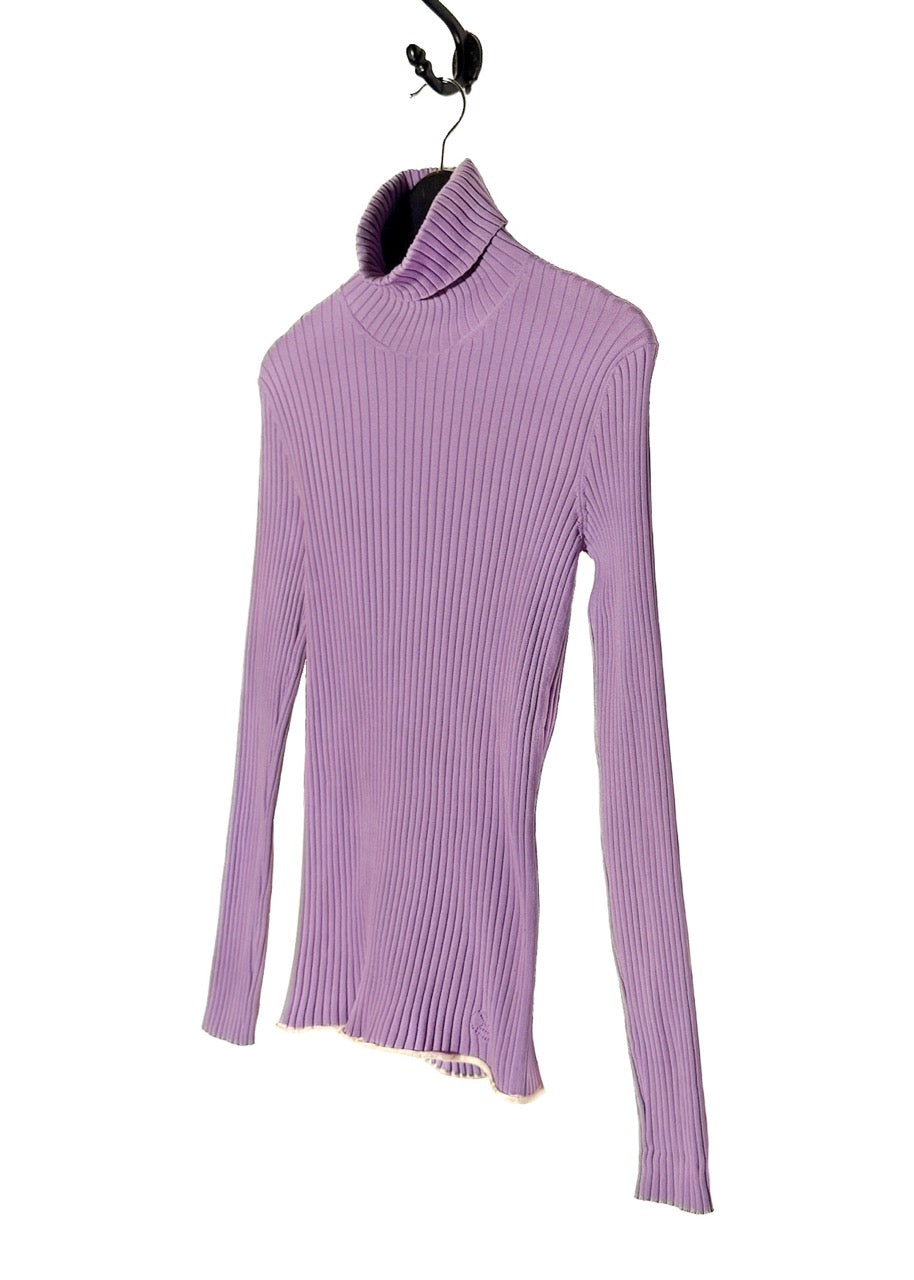 Side front view of Louis Vuitton Lavender Purple LV Logo Ribbed Turtleneck Sweater