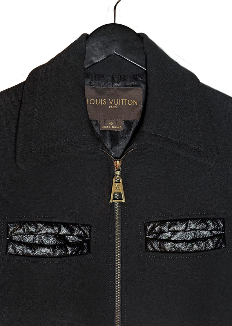 Upper front of Louis Vuitton Leather Trim Black Wool Coat