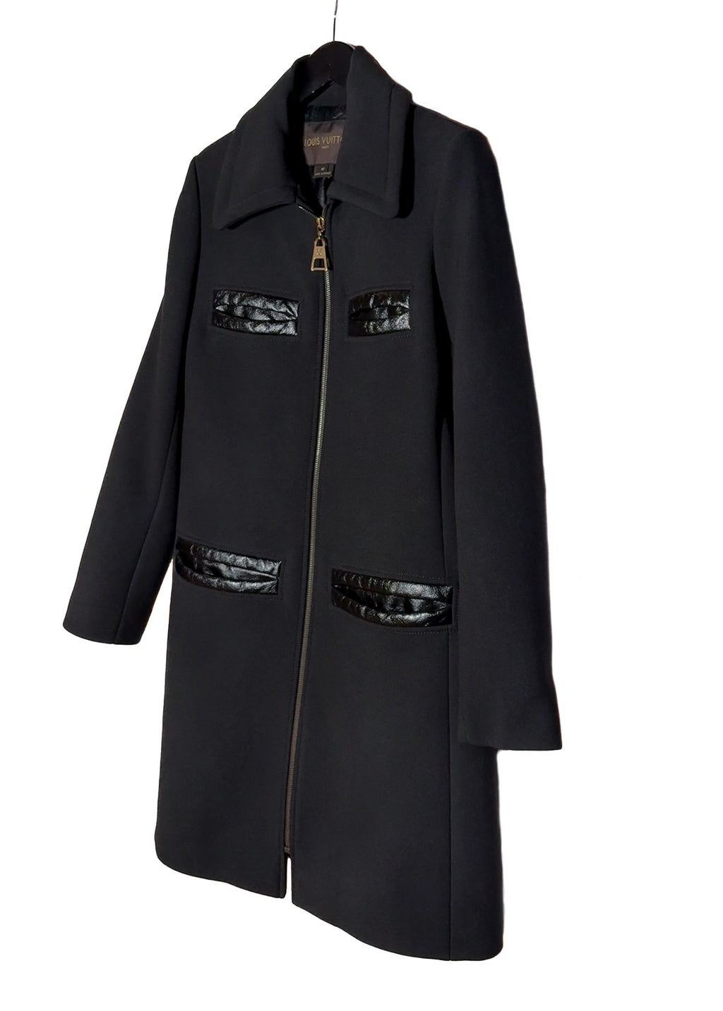 front side angle of Louis Vuitton Leather Trim Black Wool Coat