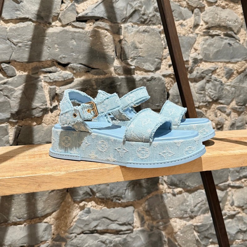 Louis Vuitton Light Blue Denim Monogram Maya Platform Sandals