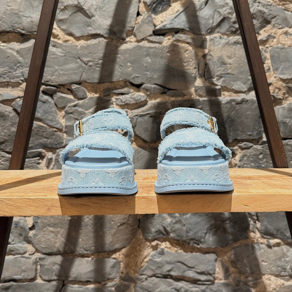 Louis Vuitton Light Blue Denim Monogram Maya Platform Sandals