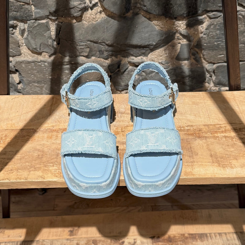 Louis Vuitton Light Blue Denim Monogram Maya Platform Sandals