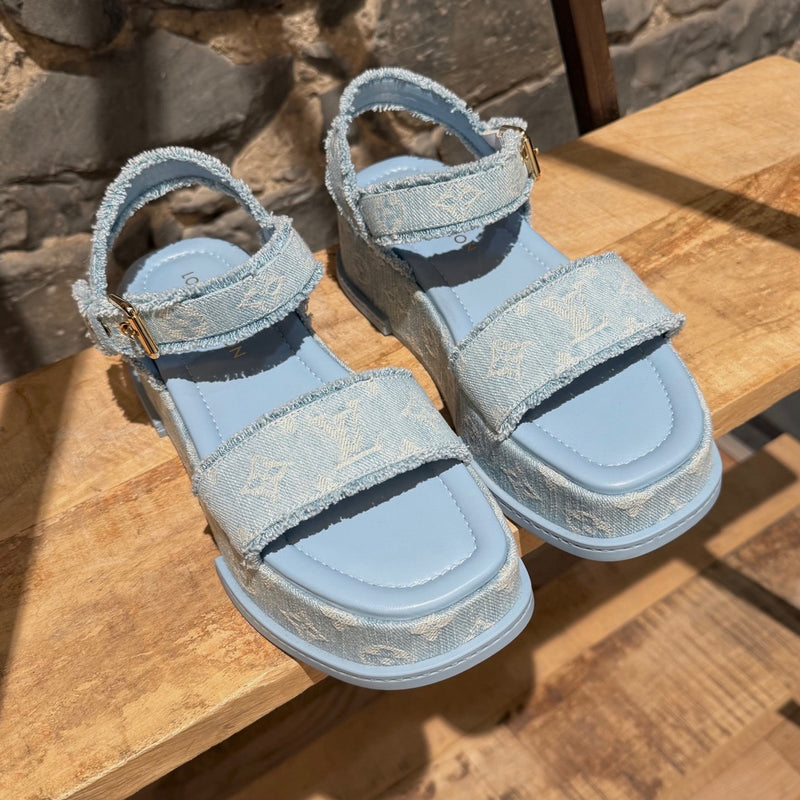 Louis Vuitton Light Blue Denim Monogram Maya Platform Sandals