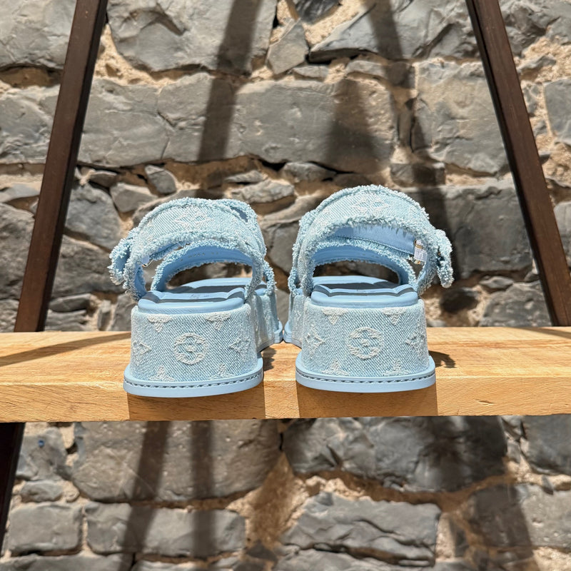 Louis Vuitton Light Blue Denim Monogram Maya Platform Sandals