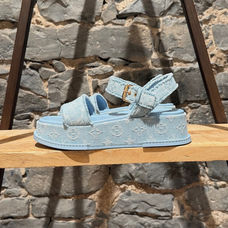 Louis Vuitton Light Blue Denim Monogram Maya Platform Sandals