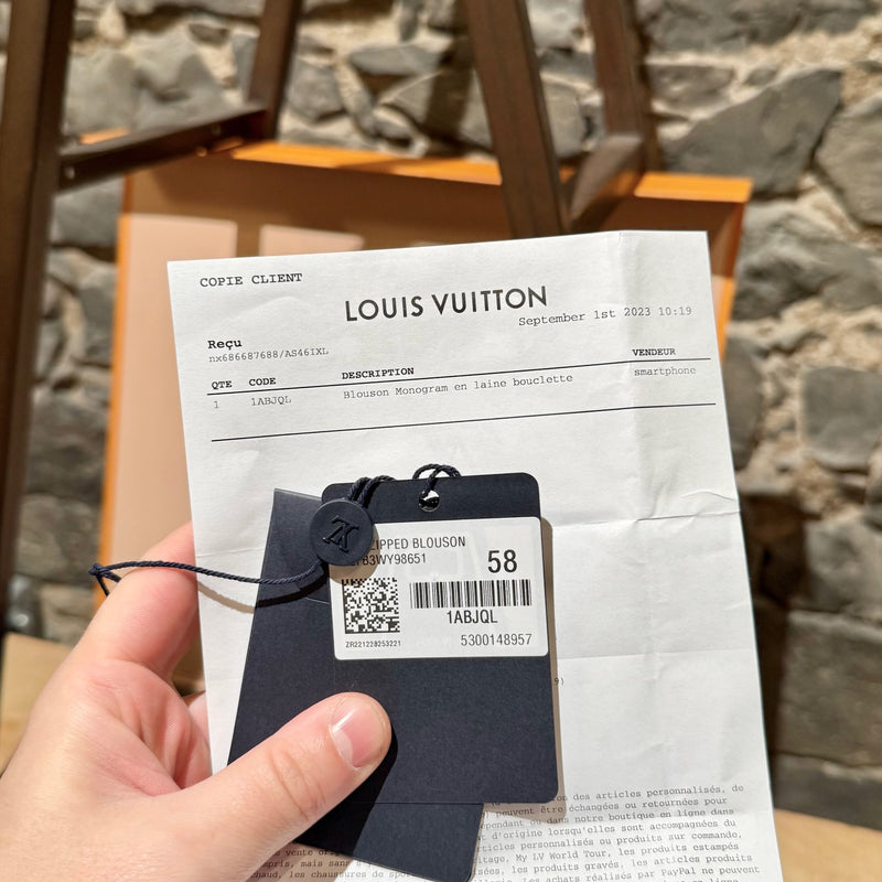 Receipt and tags of Louis Vuitton Navy Blue Monogram Bouclette Zipped Blouson Jacket