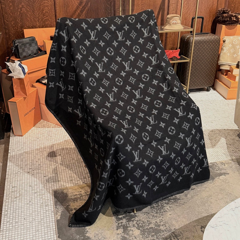 Black side of Louis Vuitton Neo Monogram Eclipse Black Wool Blend Blanket
