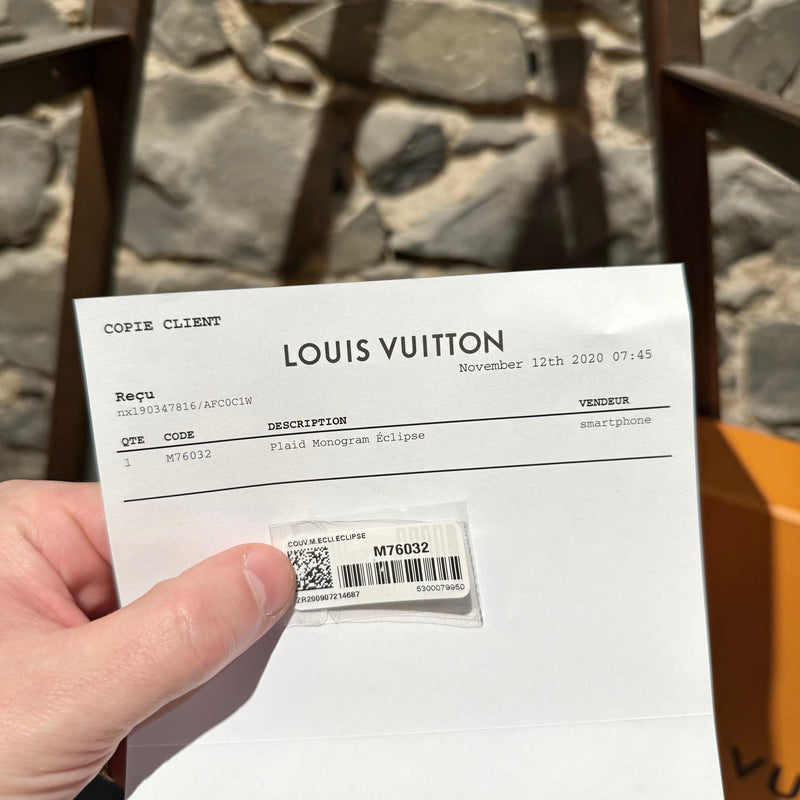 Tag and receipt of Louis Vuitton Neo Monogram Eclipse Black Wool Blend Blanket