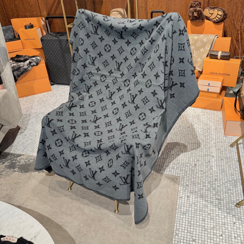 Grey side of Louis Vuitton Neo Monogram Eclipse Black Wool Blend Blanket