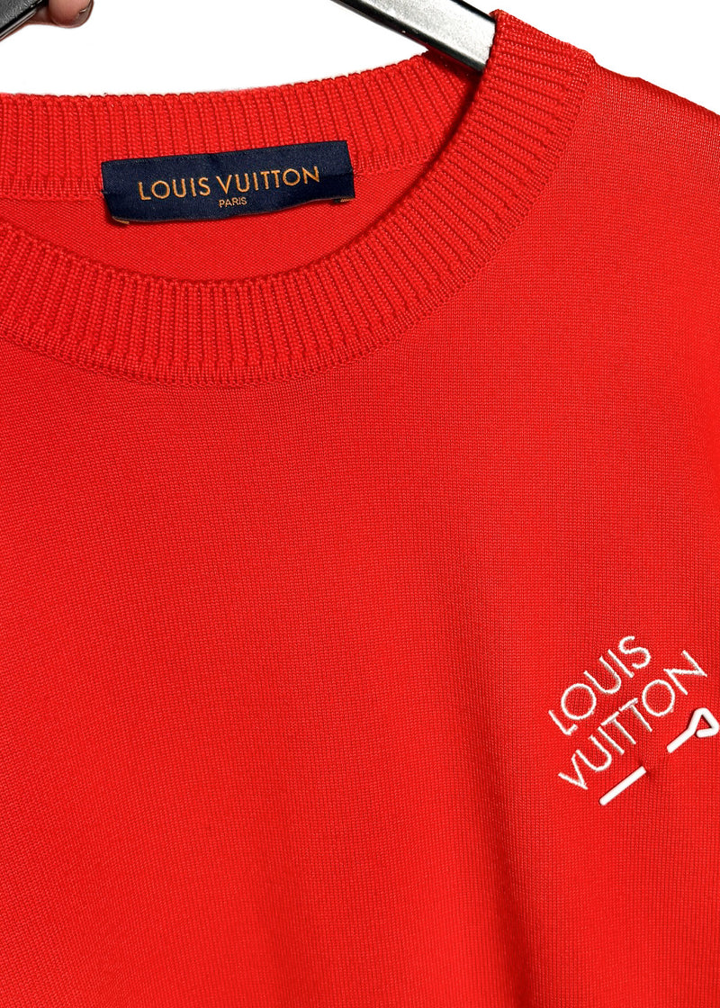 Ribbed crewneck and brand label of Louis Vuitton Orange Pin Logo Embroidered Knitted T-shirt