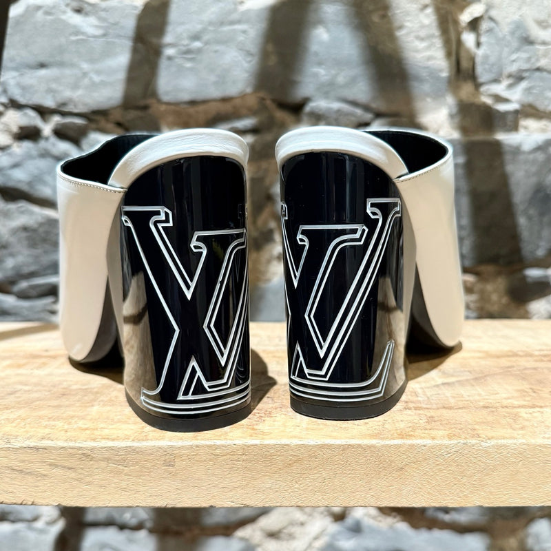 Back view of Louis Vuitton White Leather Topmost LV Logo Heeled Mules
