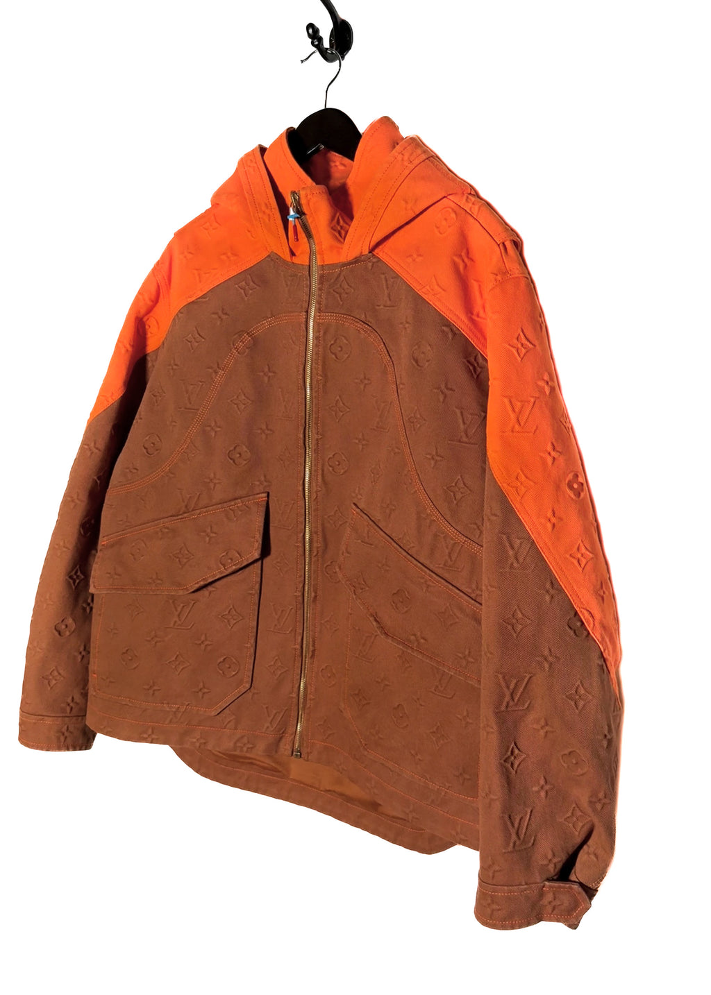 Front side of Louis Vuitton x Virgil Abloh Orange Tan Monogram Workwear Denim Jacket