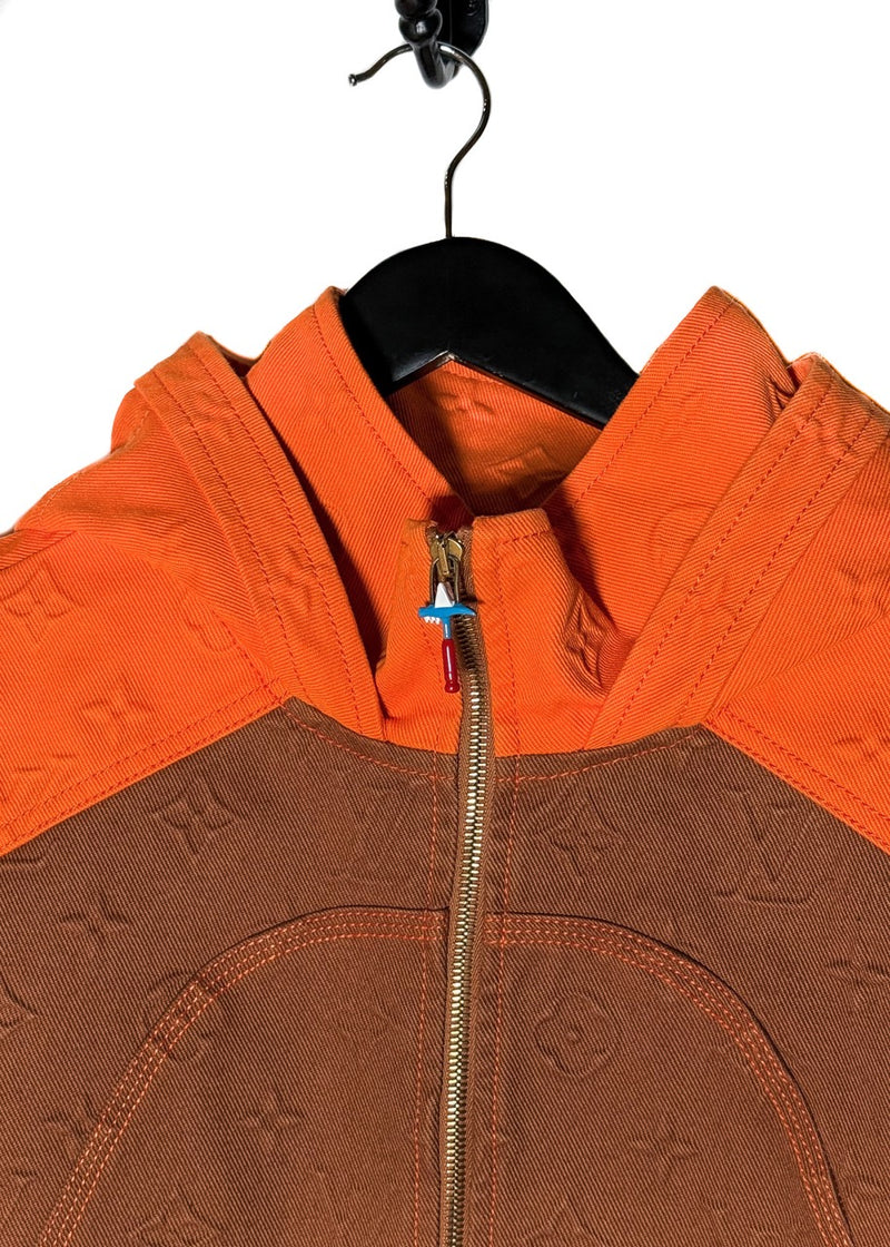 Upper front details of Louis Vuitton x Virgil Abloh Orange Tan Monogram Workwear Denim Jacket