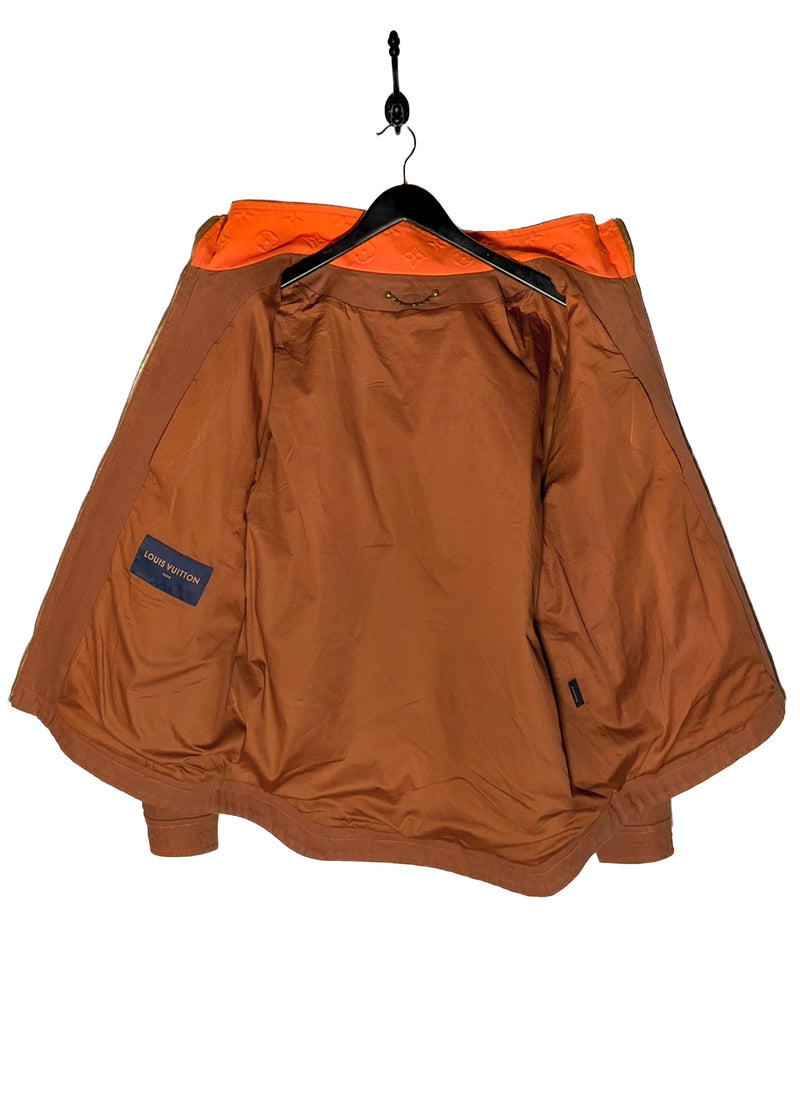 Opened interior of Louis Vuitton x Virgil Abloh Orange Tan Monogram Workwear Denim Jacket