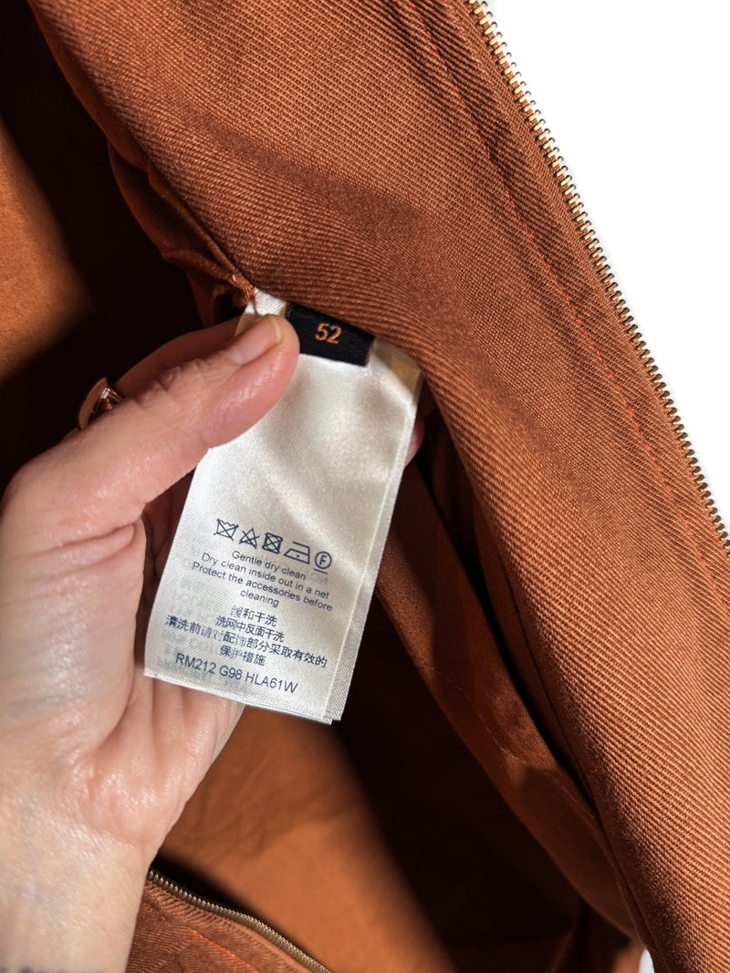 Size and care label of Louis Vuitton x Virgil Abloh Orange Tan Monogram Workwear Denim Jacket