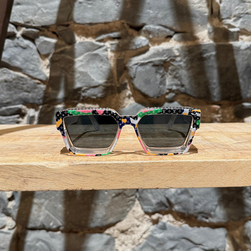 Front view of Louis Vuitton Z2027W 91P FW23 Multicolored Camo Monogram Acetate 1.1 Millionaires Sunglasses