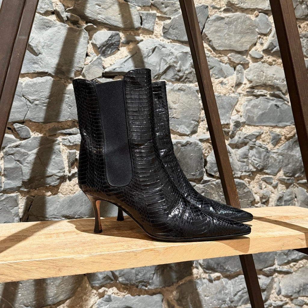 Manolo Blahnik Black Python Heeled Boots