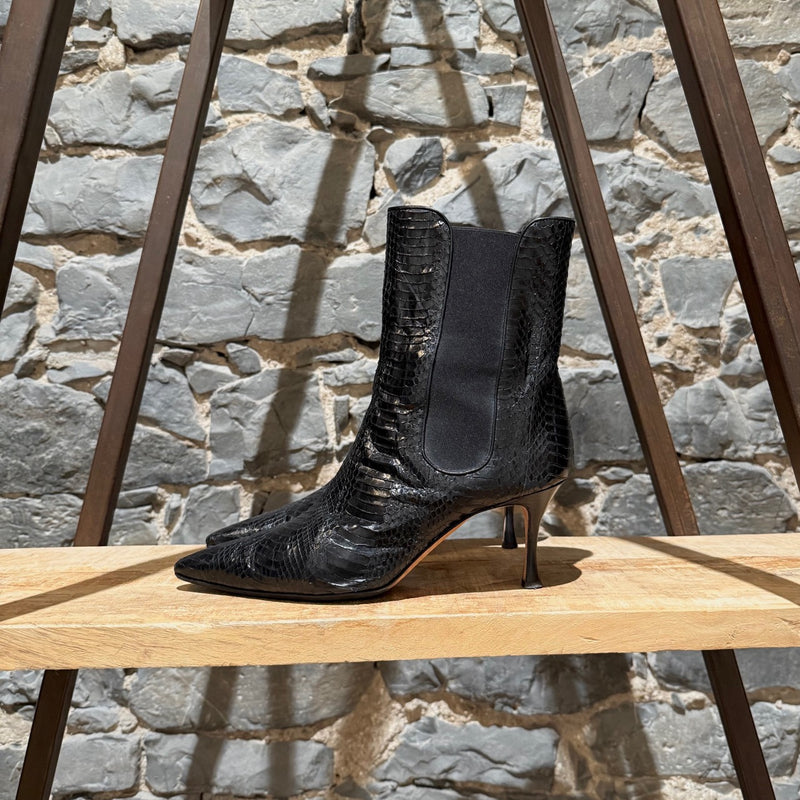 Manolo Blahnik Black Python Heeled Boots