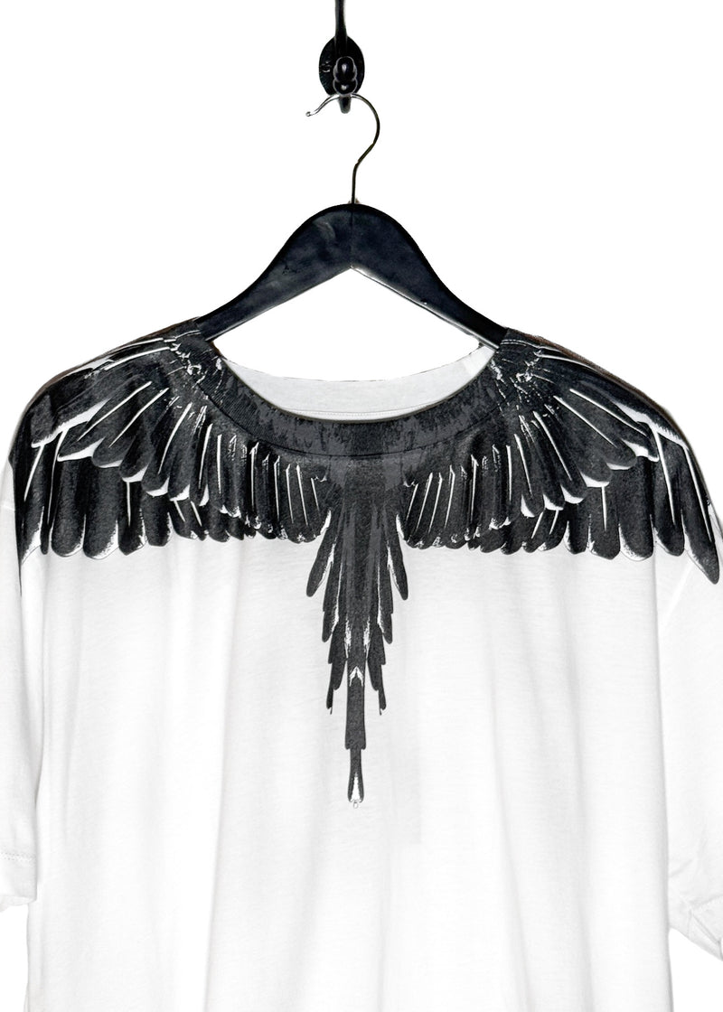 black wing print motif along the neckline and shoulders of Marcelo Burlon Black Wing Print White T-shirt