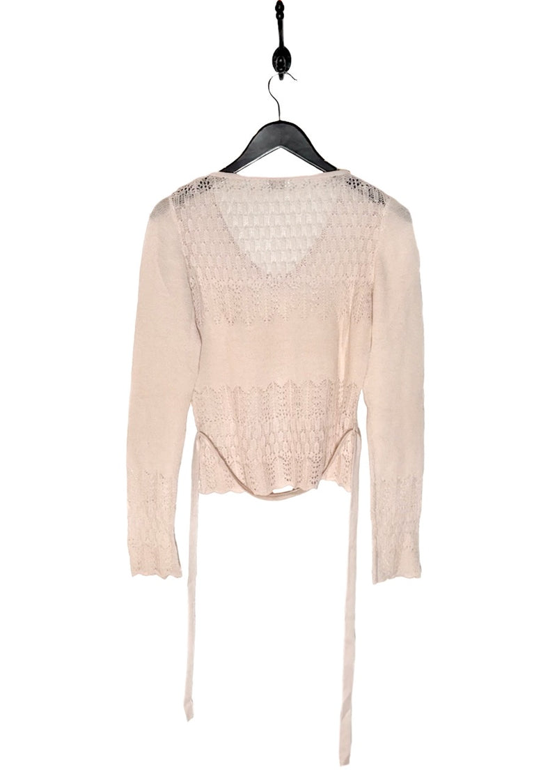 Back of Marni Light Pink Pointelle Crochet Light Knit Belted Sweater