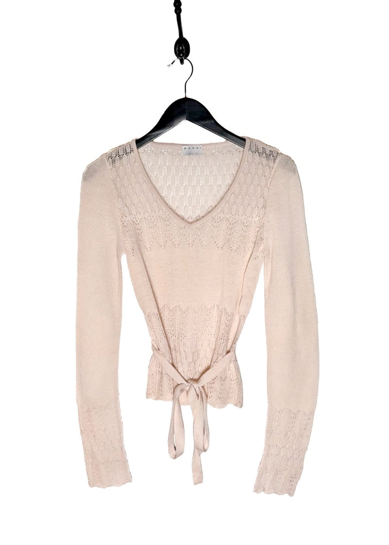 Front of Marni Light Pink Pointelle Crochet Light Knit Belted Sweater