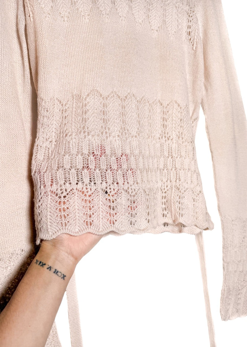 Close up on crochet details of Marni Light Pink Pointelle Crochet Light Knit Belted Sweater