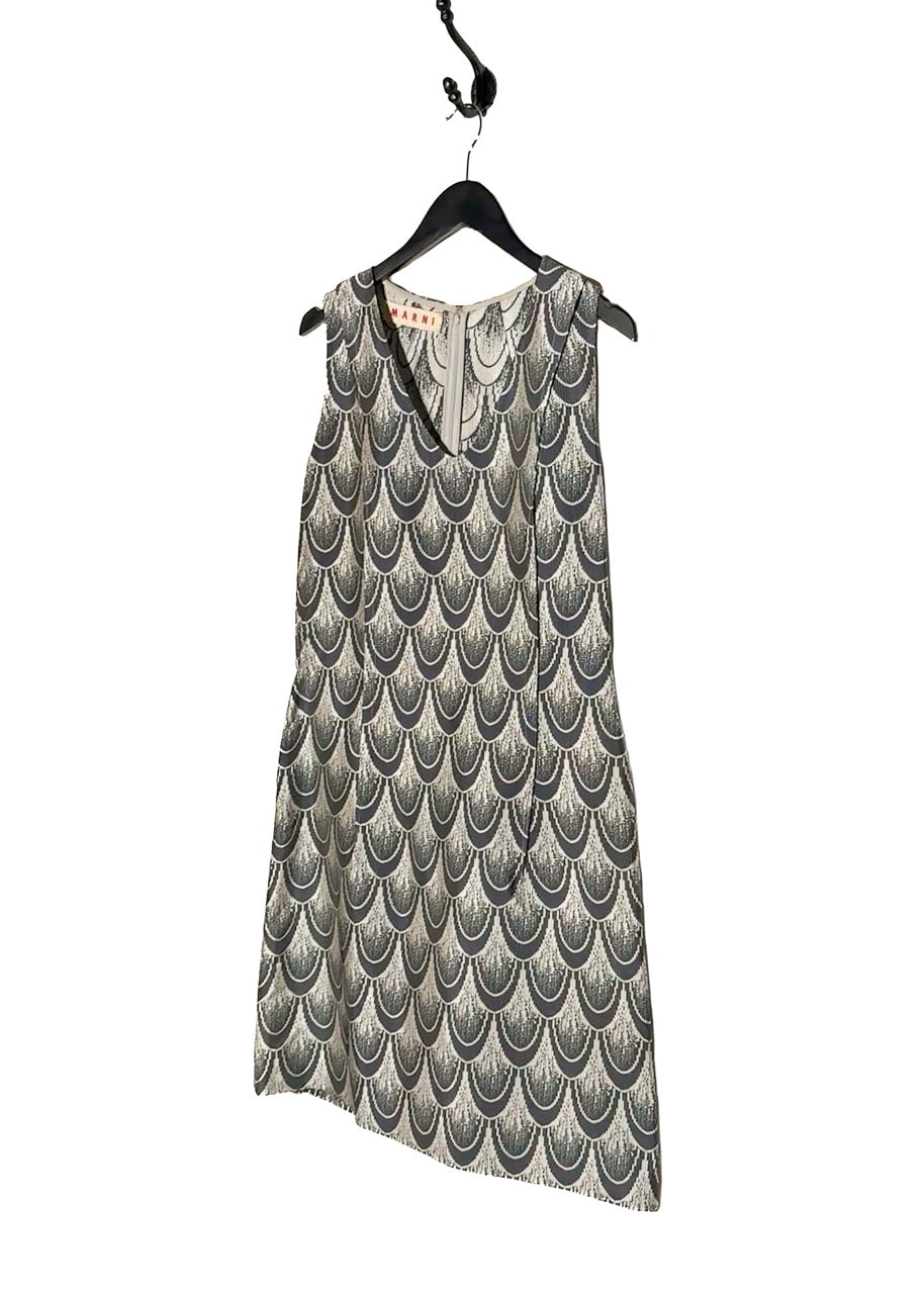 Side front view of Marni Grey Plissé Scallop Sleeveless Dress