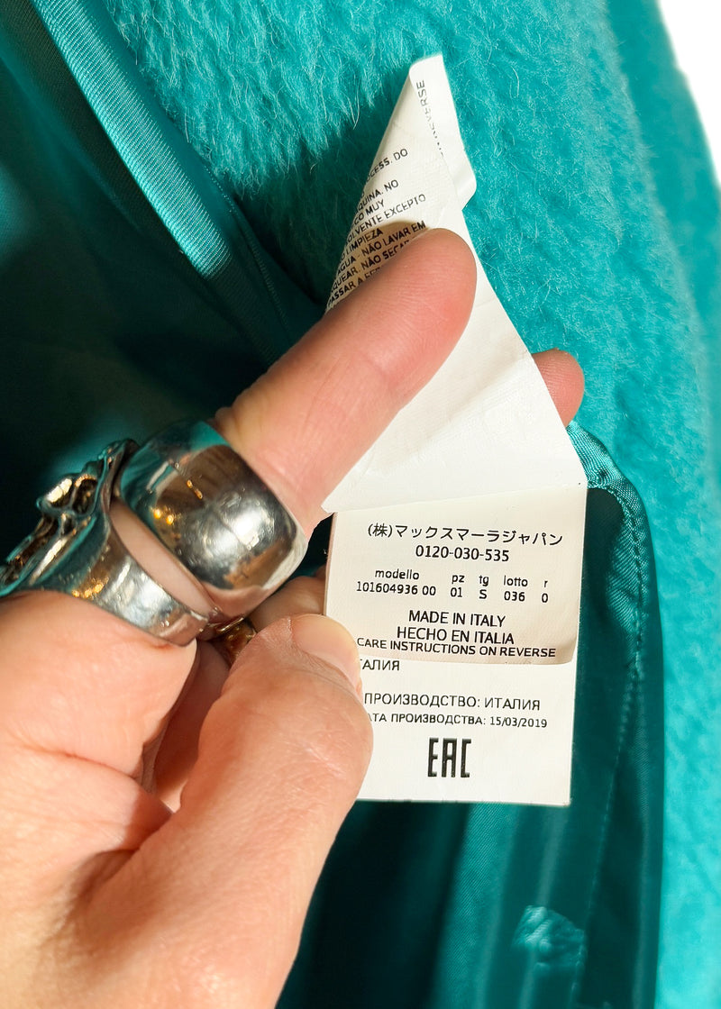 origin label of MaxMara Turquoise Teddy Bear Icon Alpaca Blend Coat