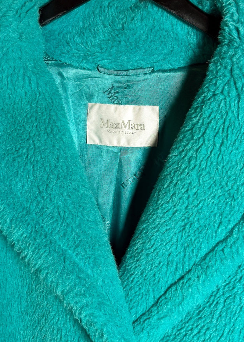 Collar and brand label of MaxMara Turquoise Teddy Bear Icon Alpaca Blend Coat