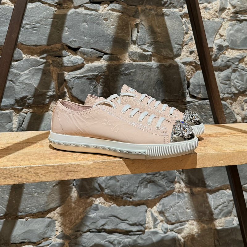 Main photo of Miu Miu Nude Pink Patent Crystal Cap Top Sneakers