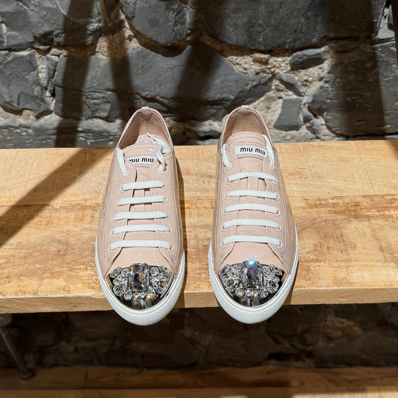 Top view of Miu Miu Nude Pink Patent Crystal Cap Top Sneakers