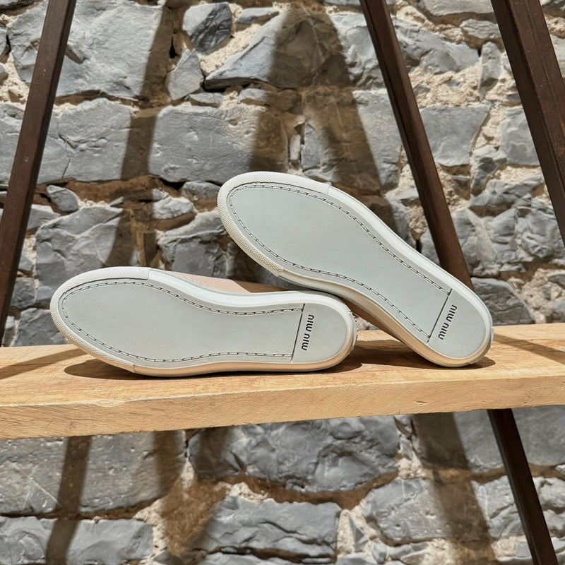 Branded outsole of Miu Miu Nude Pink Patent Crystal Cap Top Sneakers