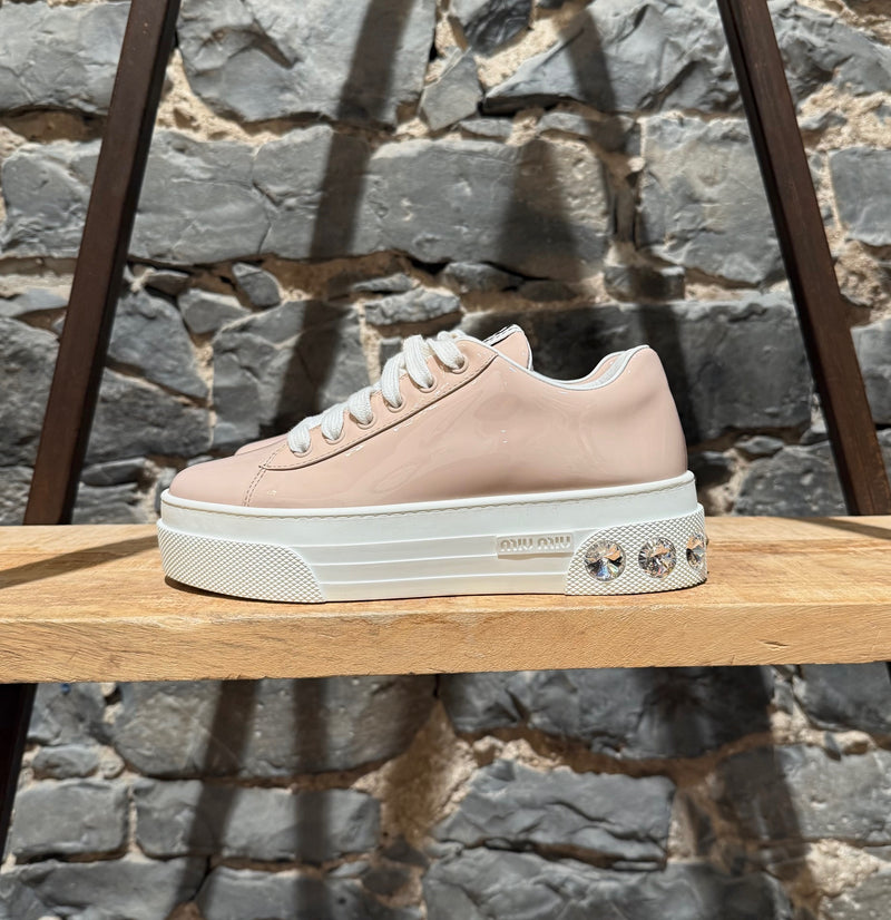 Miu Miu Pink Patent Crystal Heel Platform Sneakers