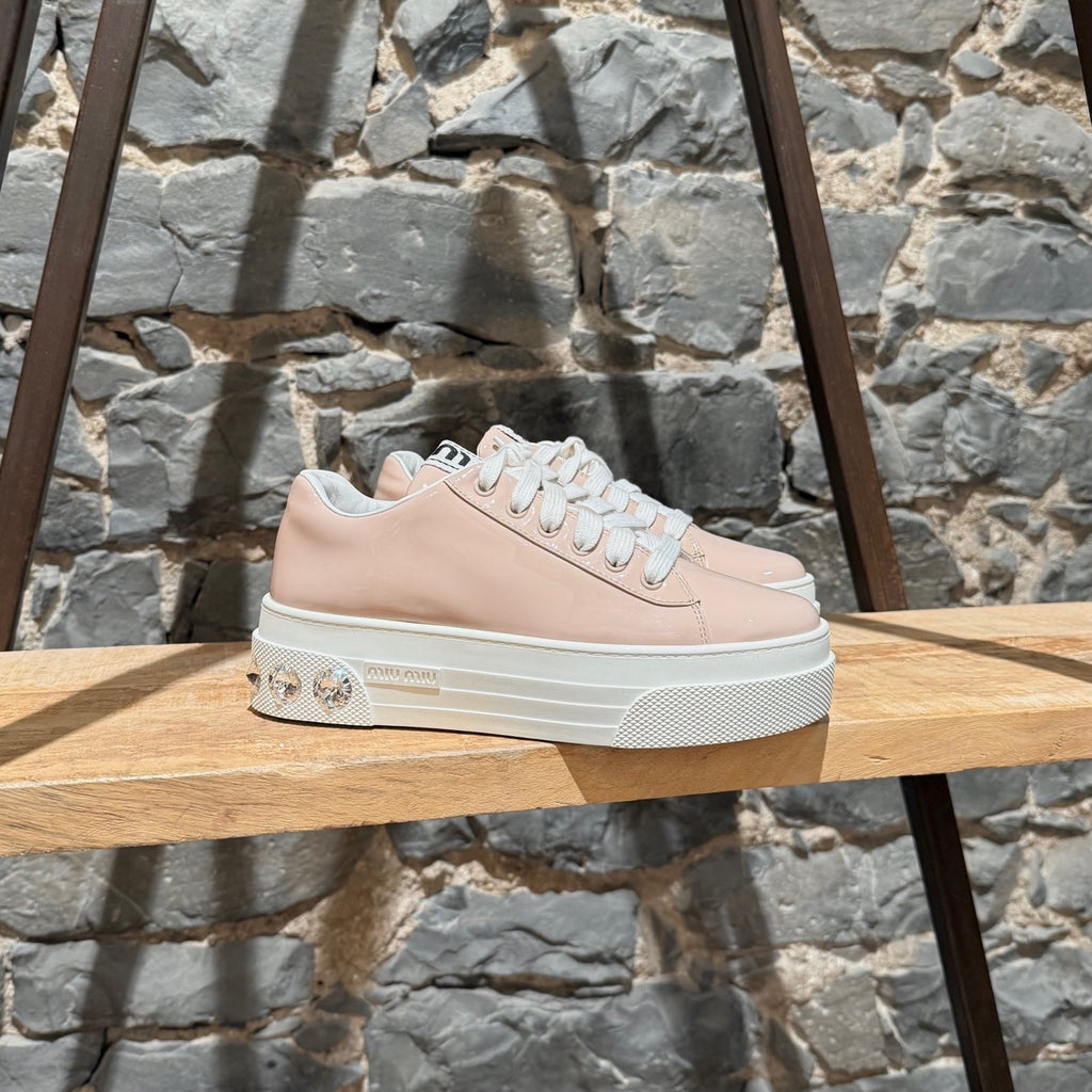 Miu Miu Pink Patent Crystal Heel Platform Sneakers