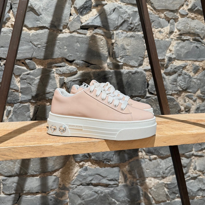 Miu Miu Pink Patent Crystal Heel Platform Sneakers