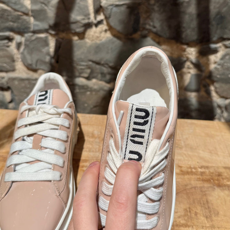 Miu Miu Pink Patent Crystal Heel Platform Sneakers